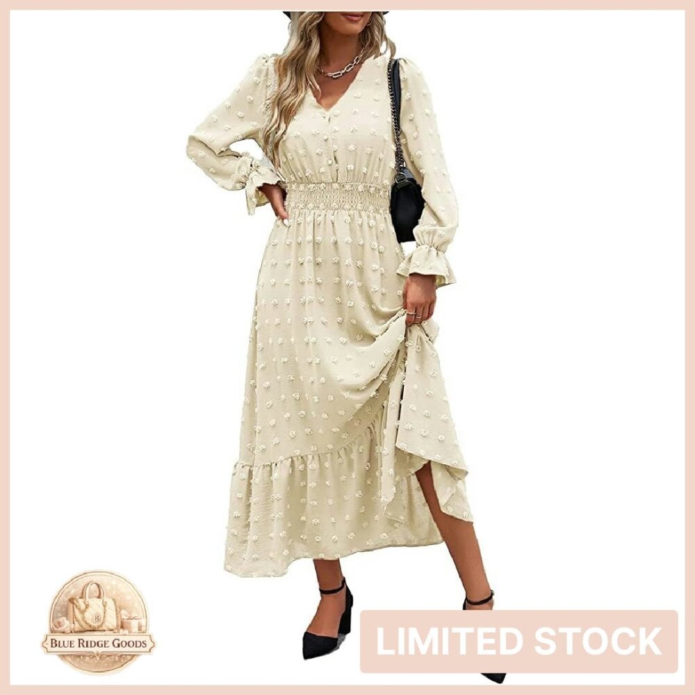Long Sleeve V Neck Swiss Dot Maxi Dress Boho Smocked High Waisted Tiered